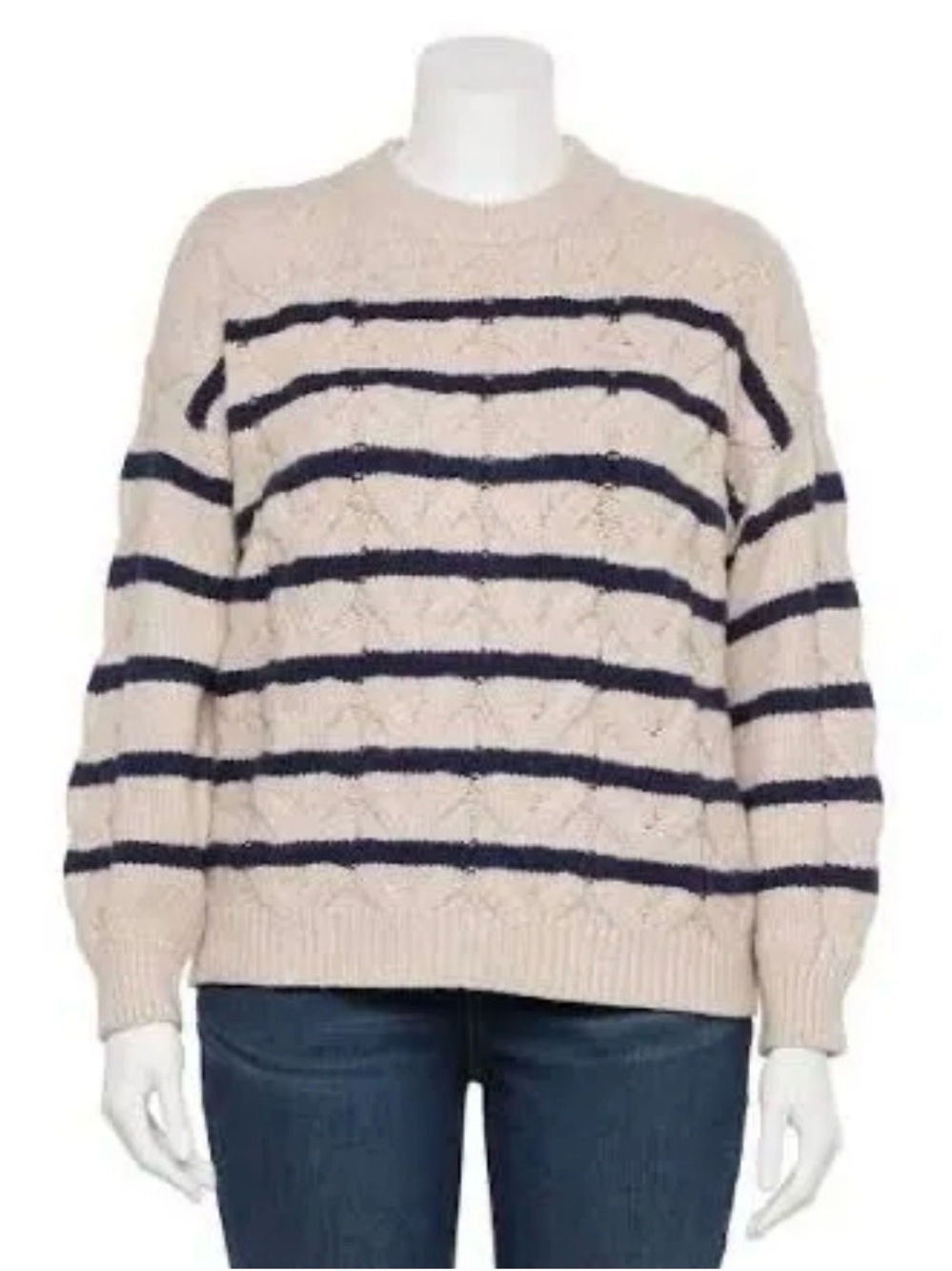 LC Lauren Conrad Cream and Navy Striped Crewneck Sweater